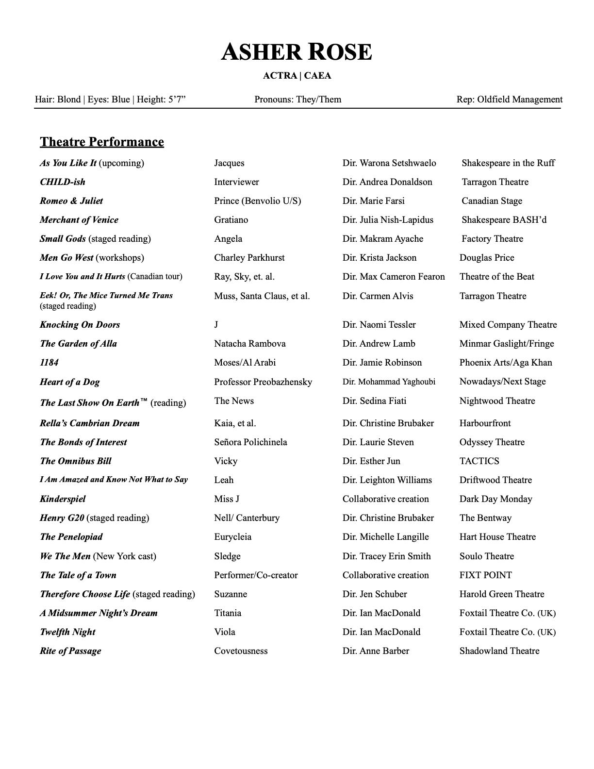 Acting resume page 1 Acting resume for Asher Rose
